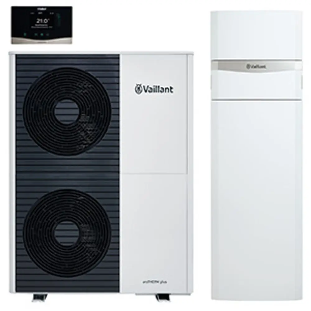 Zwei weiße Geräte von Vaillant, ein Außenteil mit zwei Lüftern und ein Innenteil in vertikaler Form, zusammen mit einem digitalen Steuergerät im oberen Bereich.